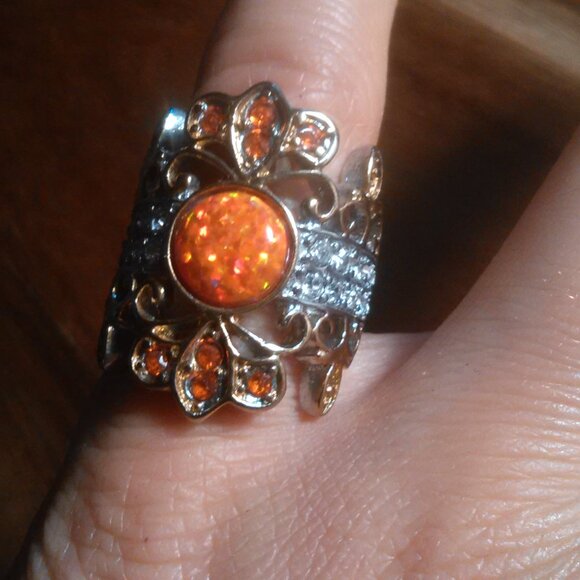 Simulated Opal and Orange and White Crystal Stainless Steel Ring (Size 6) - Picture 5 of 10